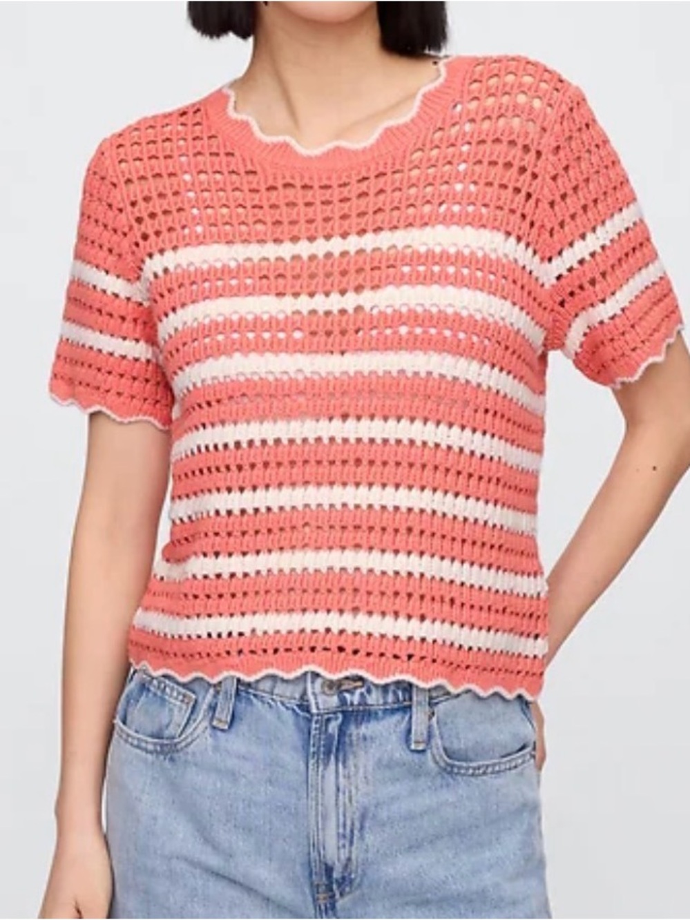 Gap Coral and White Striped Crochet Top - Size M